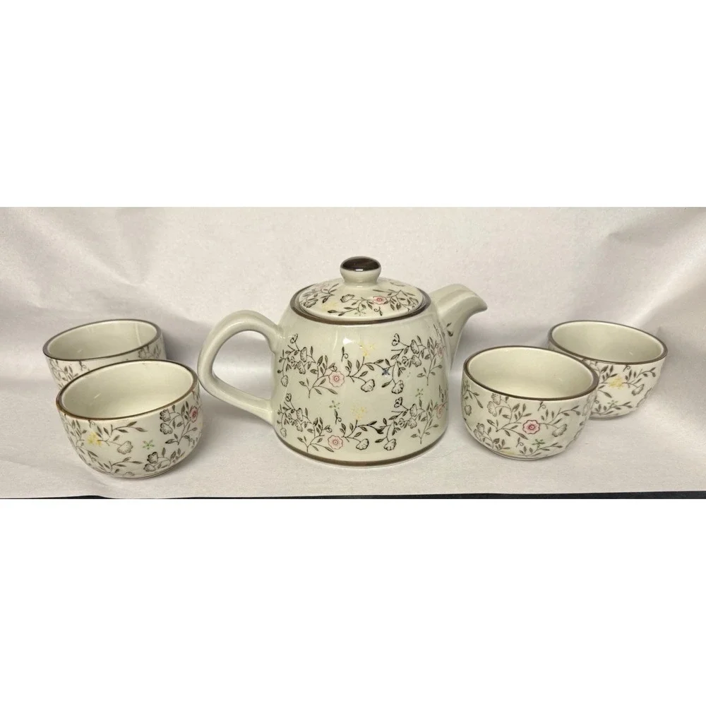 Pier 1 Import Tomoko Tea Set Teapot and 4 Cups Floral hand painted